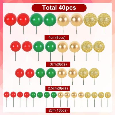 40 Pcs Ball Cake Toppers Mini Balls Cake Decorations Green Red Gold Sticks Foam Balls DIY Cake Topper Insert Balls Cake Decor