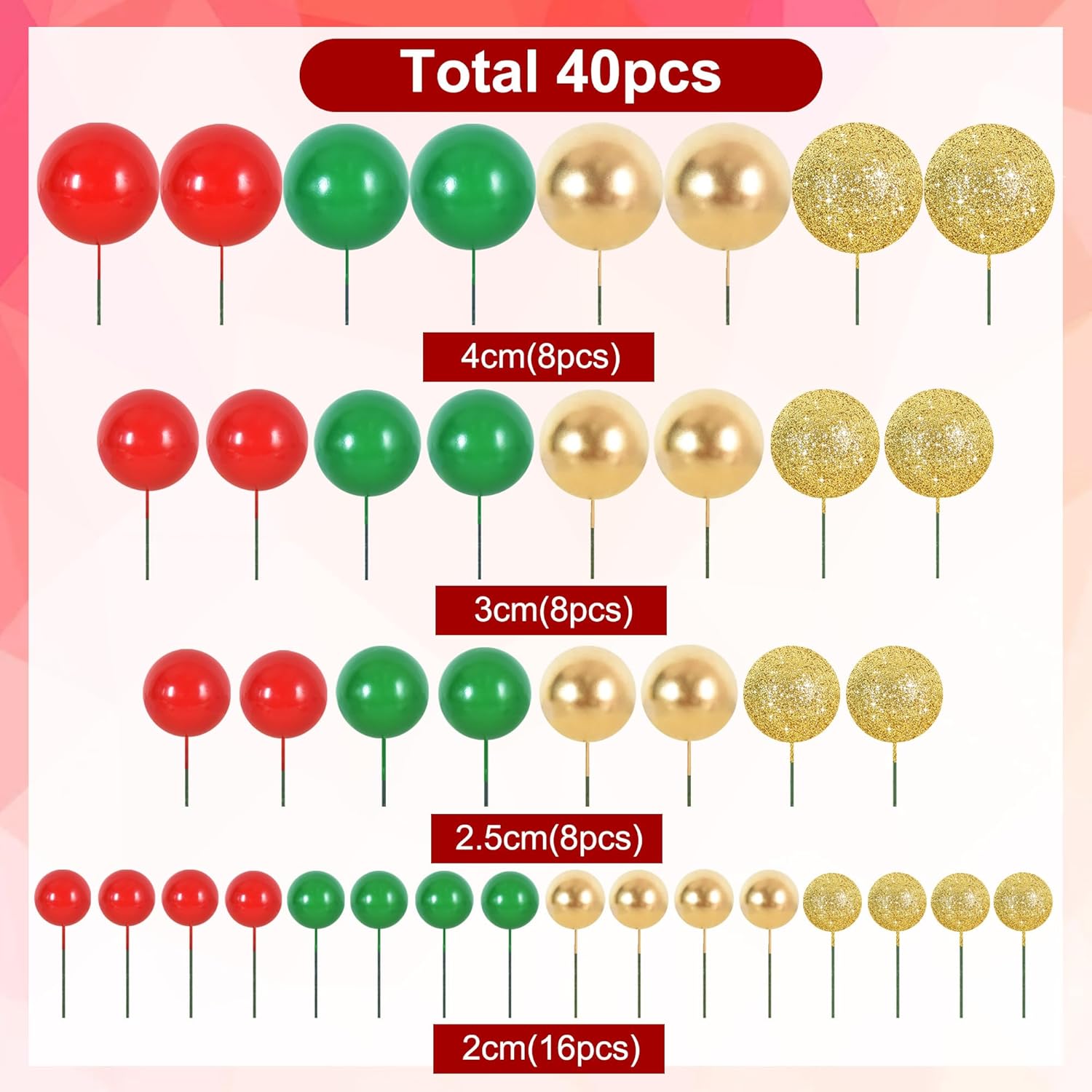 

40pcs Mini Balls Cake Decorations Red Green Gold Silver Sticks Foam Balls DIY Cake Topper for Baking Christmas Party Decorations