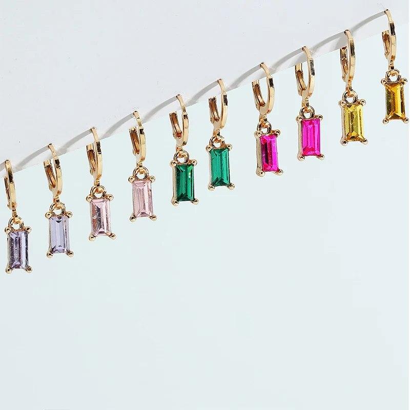 5 Paris Earrings Set Multicolor Stone Gold-Color Matel Small Hoop Earrings Square Water Drop Cute Sweet Fashion Jewelry Gift