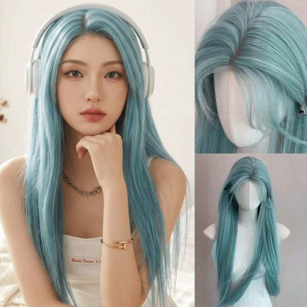 Harajuku Sea Salt Blue Wig 28inch Lolita Cosplay Wig Fake Hair Long Straight Synthetic Wig JK Girl