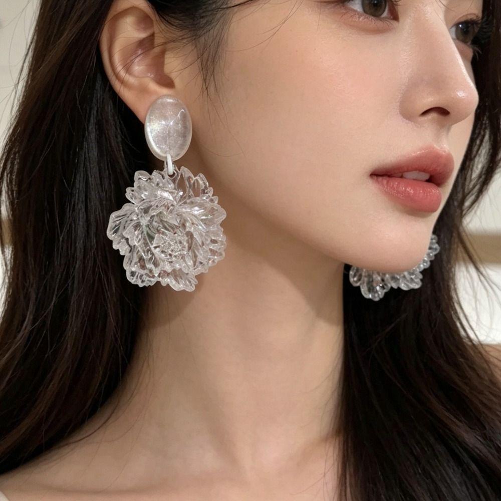 3D Flower Flower Dangle Earring Clear White Statement Earring New Camellia Flower Earring Women
