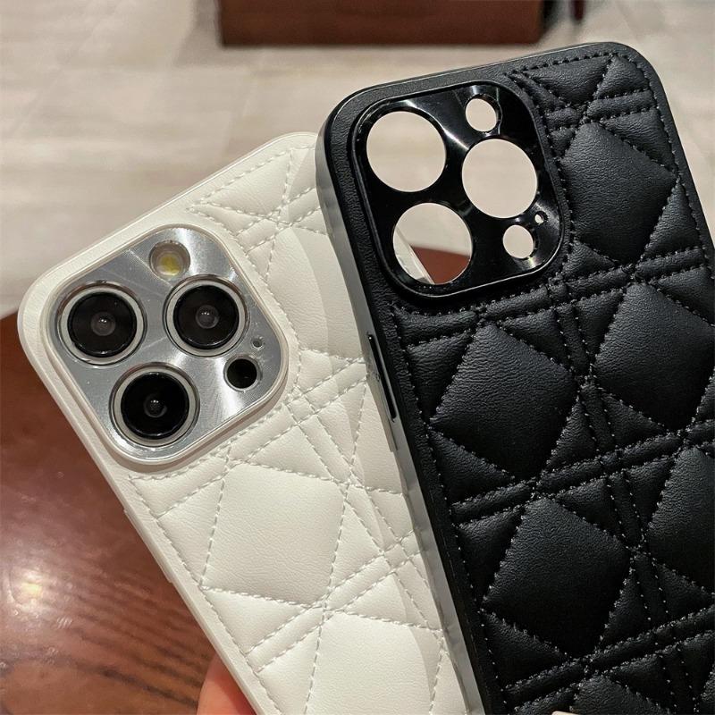 Plated Leather PU Plaid Grid Pattern Phone Case for iPhone 16 Plus and Pro Max