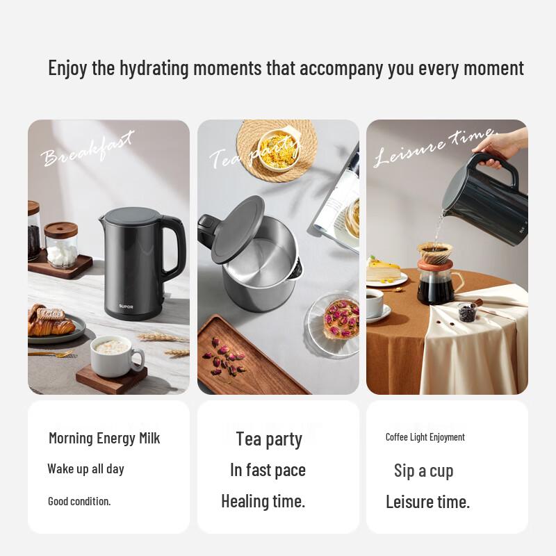 SUPOR 1.5L 304 Stainless Steel Double-Layer Electric Kettle CN Plug (adapter Included)
