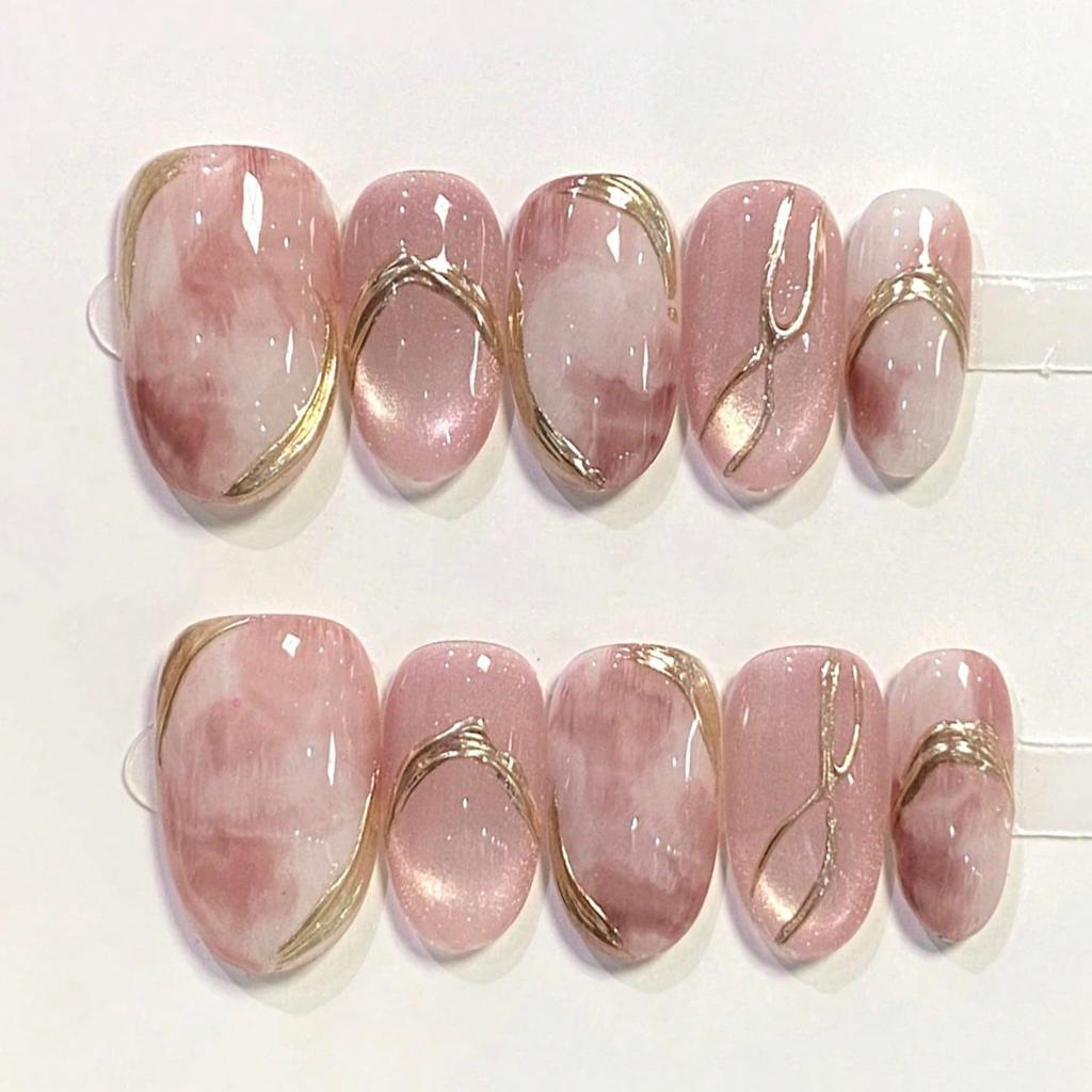 10Pcs Short Cat Eye Oval Press On Nails French Tip With 3D Pearl Design Handmade False Nails