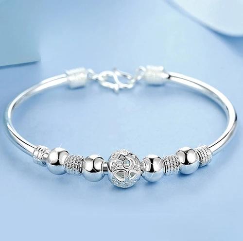 Adjustable Size 925  Silver Bangle Cuff Dreamcatcher Tassel Feather Round Bead Charm Bracelet Jewelry For Women Wedding