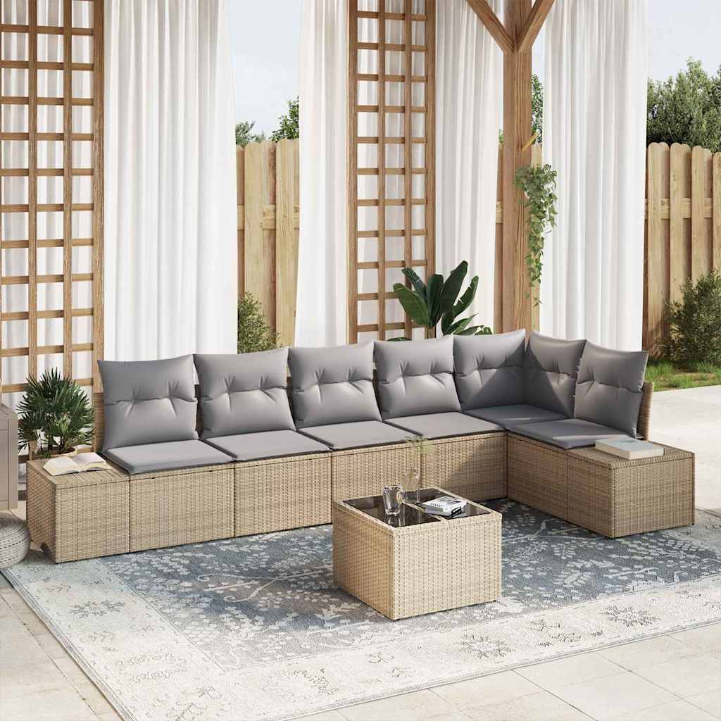 7 Piece Garden Sofa Set with Cushions Beige and Gray Poly Rattan