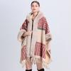 Damen Übergröße Karomuster Strick Cape Schal Mit Fleecefutter Pelzbesatz Kapuze Wickelmantel Winter