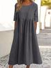 Women's Round Neck 3/4 Sleeve Linen Cotton Loose Midi Dress With Side Pockets Casual Swing Dress