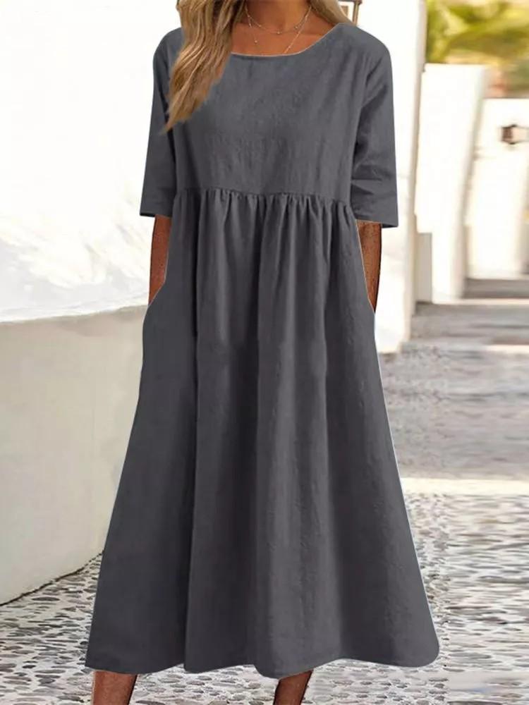 Women's Round Neck 3/4 Sleeve Linen Cotton Loose Midi Dress With Side Pockets Casual Swing Dress