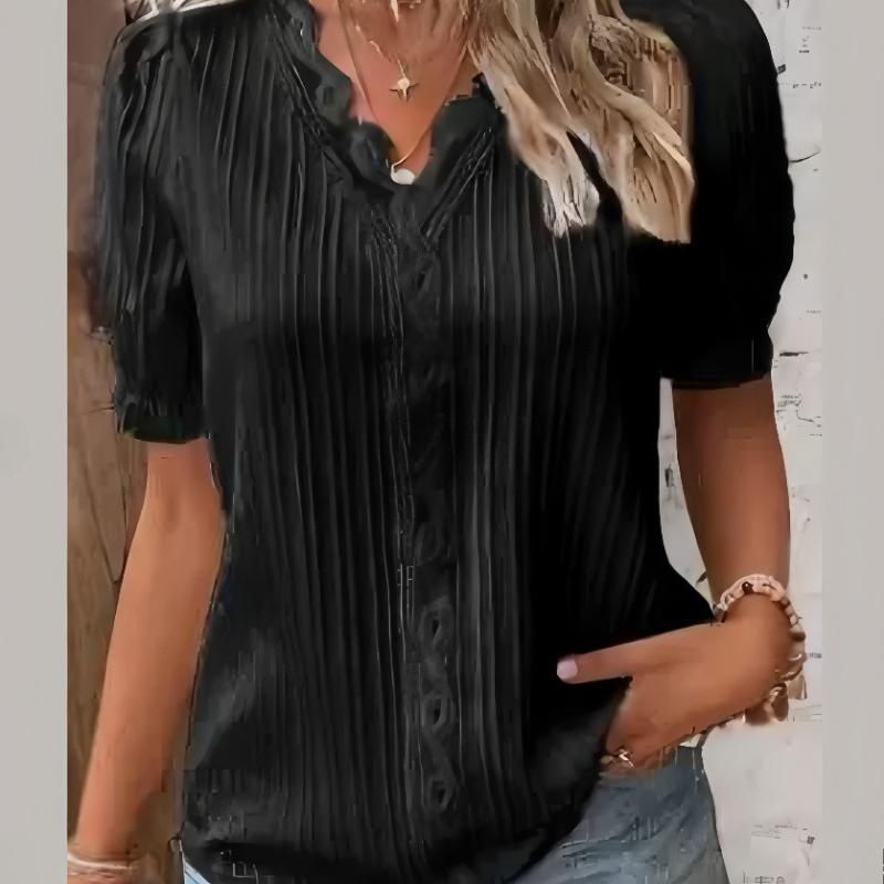 Summer Vacation Fashion Hollow V-neck Lace Short-sleeved Women's Shirt