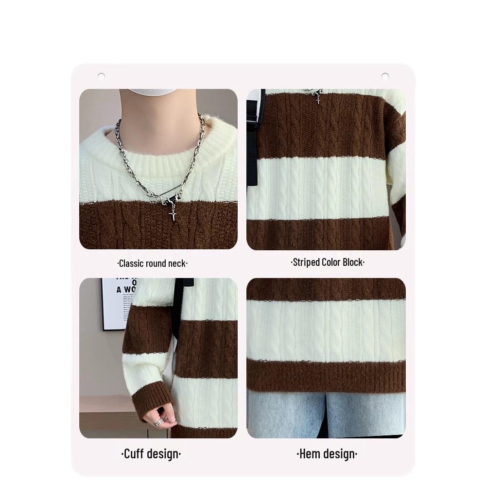 Men's Trendy Striped Cable Knit Sweater - Autumn/Winter 2025 Loose Warm Woolen Base Layer.