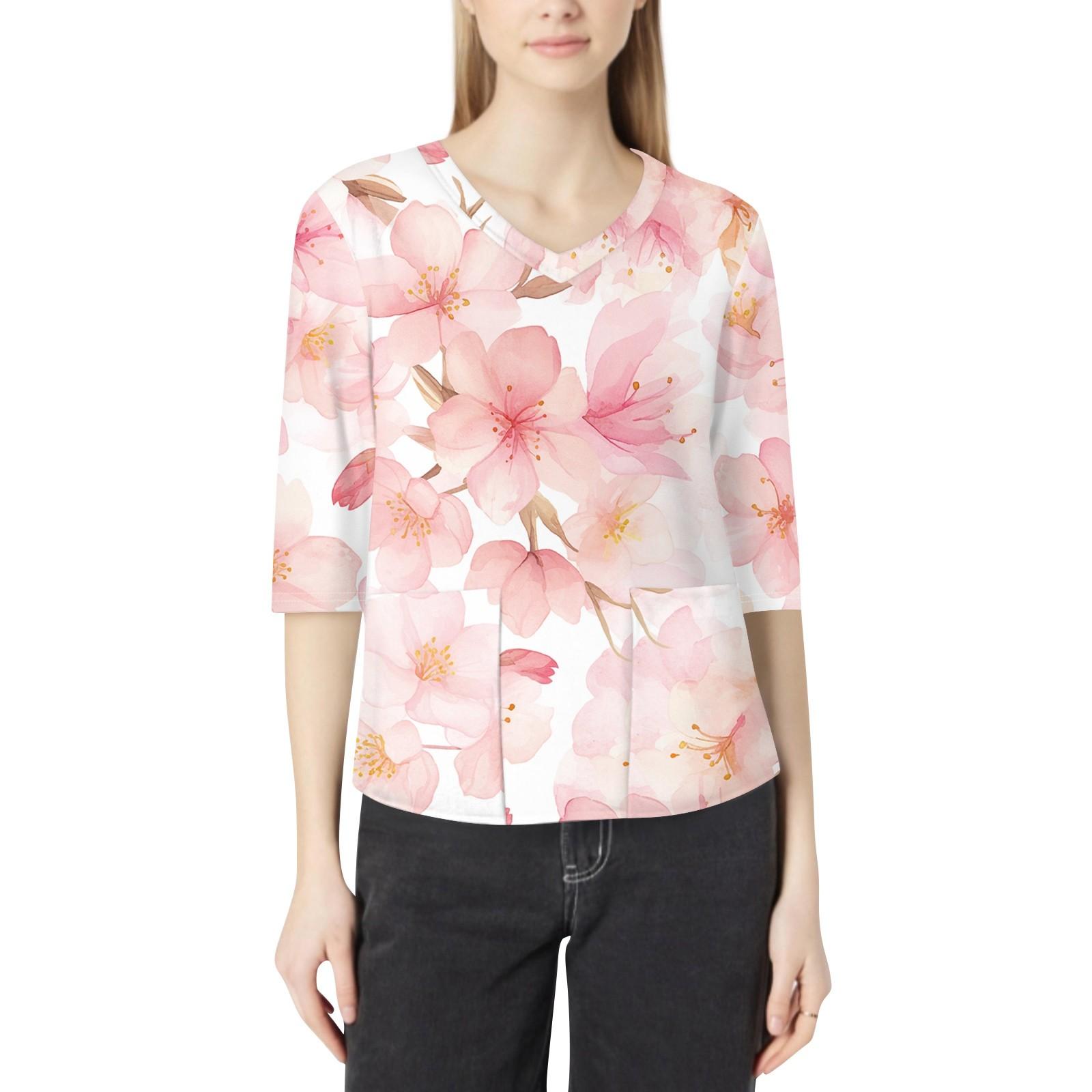 

Модная женская рабочая одежда с v-образным вырезом и рукавами 3/4, свободные топы с карманами и принтом XXL киноварь