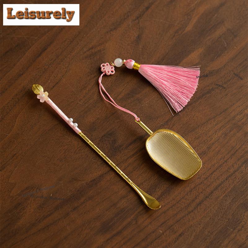 HOYIHM Green Tassel Alloy Tea Scoop Traditional Chahe Shovel Household Awakening Tea Ladle Puer Tea Services Accessories Craft