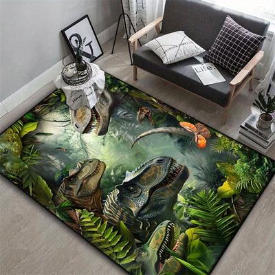 1 buc. Covor de zonă din flanelă 2D plat realist cu dinozaur T Rex din junglă, antiderapant, covor preistoric pentru camera copiilor, decor pentru podeaua livingului