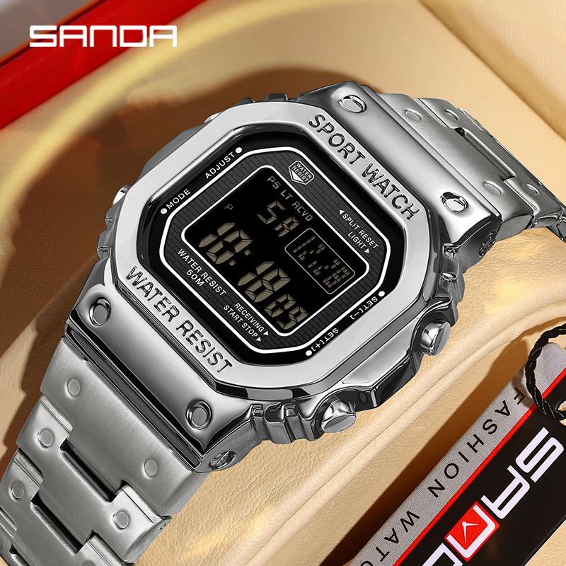 Sanda Men's Square Waterproof Electronic Watch with Fashionable Light and Alarm Clock.