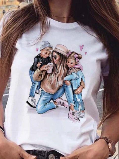 Women T Shirt Cartoon Mom Daughter Son Print Lady Tshirts Short Sleeve Tops Womens Kawaii Graphic Female Tshirt Clothe