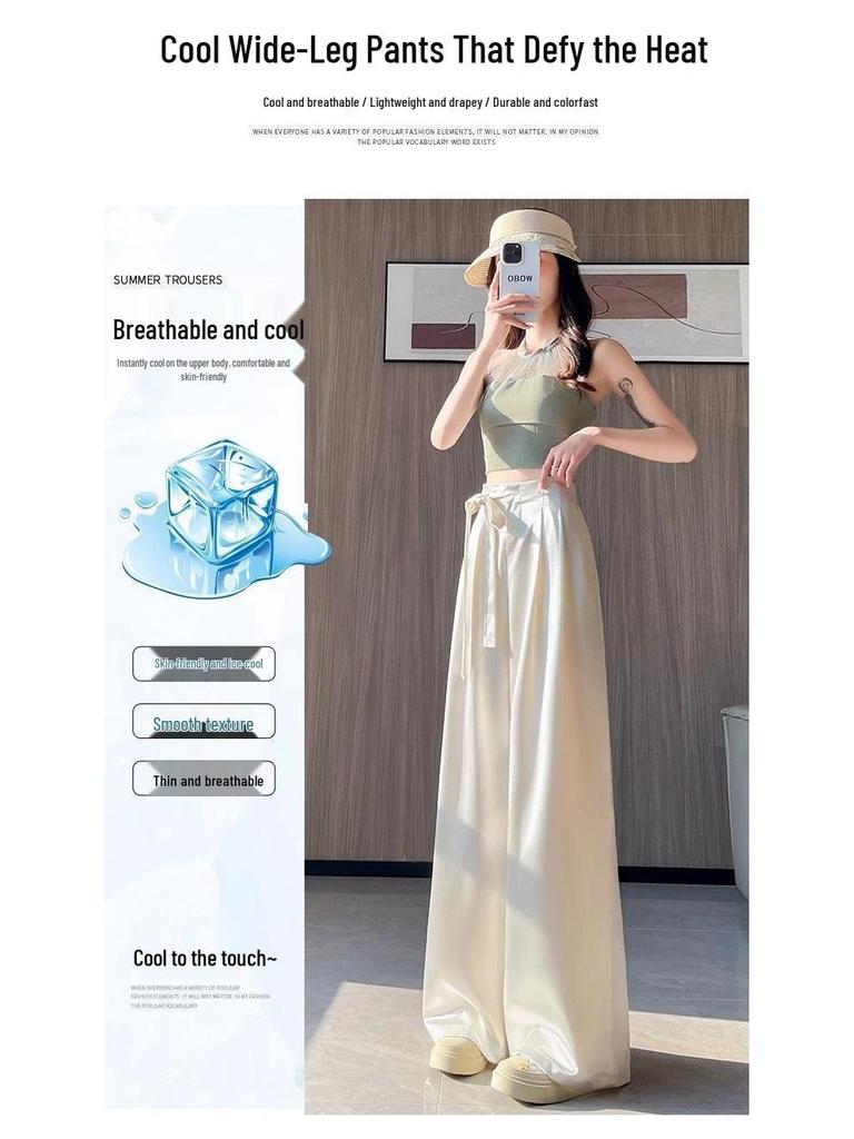 Damen Hochtaillierte Satin-Eis seide Weite Hosen - Sommer Bodenlang mit Bindeband Design