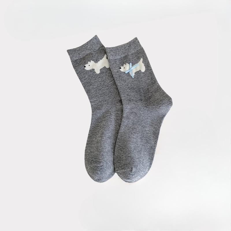

Женские весенне-летние тонкие хлопковые носки-гольфы с милым бантом и мультяшным щенком в трубе 1 pair серый/чёрный