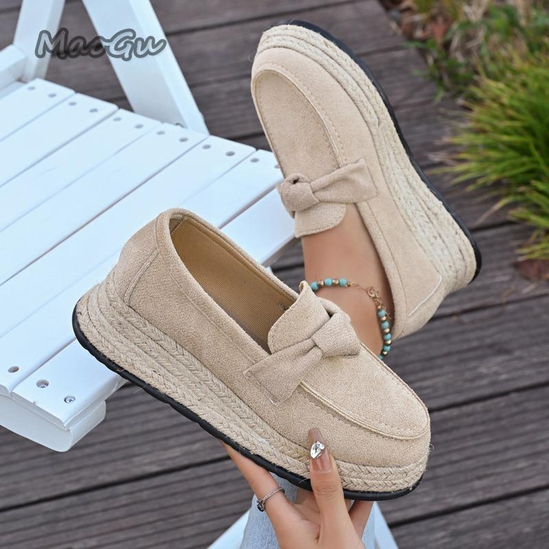 Rope Sole Wedges Espadrilles 2026 Autumn New Suede Plus Size 36-43 Platform Loafers Women's Casual Comfortable Slip On Shoes