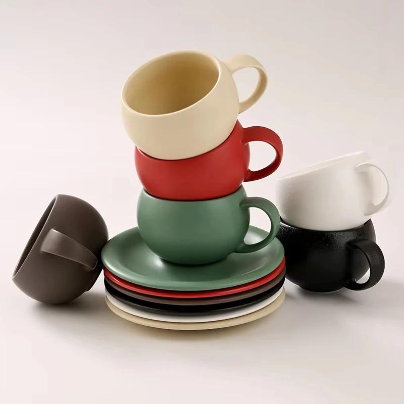 Vintage Egg-shaped Ceramic Coffee Cup And Saucer Set for Home Use - Light Luxury Simple Latte Art Embossed Cappuccino