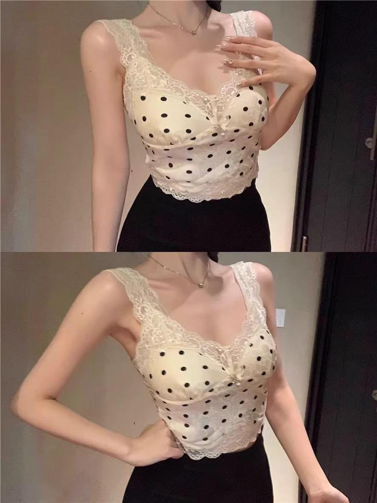 Women's French Polka Dot Lace Camisole - Summer Slim-Fit Sleeveless Top