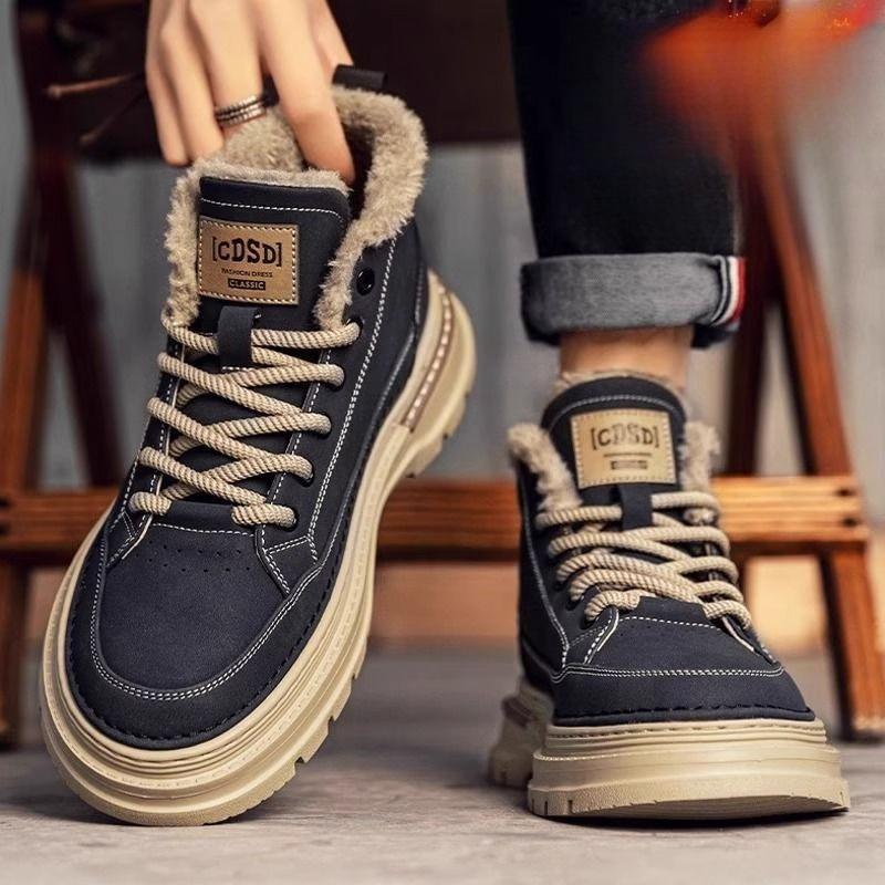 Martin Boots, Fleece-lined Thickened Warm Men's High-top Leather Shoes, Thick-sole Outdoor Snow Boots.