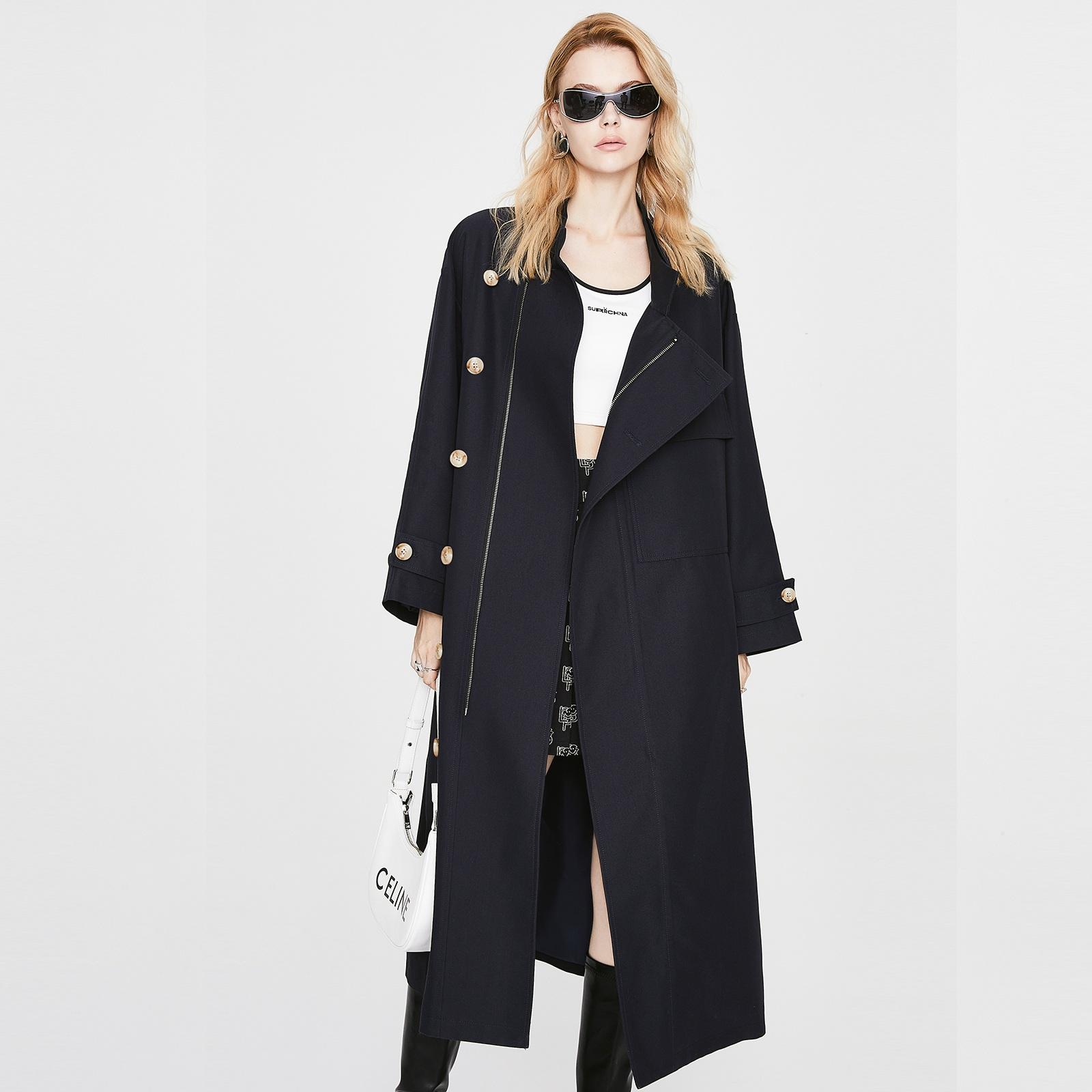 

Жіноча осіння вітровка довгого силуету Блискуча вітрівка високої щільності Британська вітровка M чорний