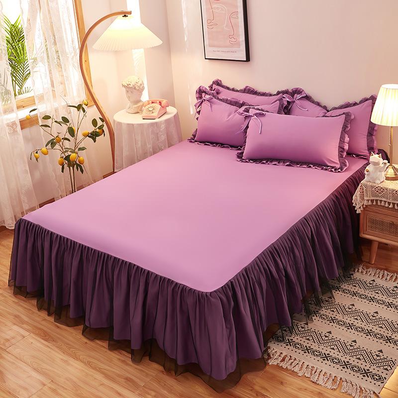 Wholesale Brushed Washed Cotton Bed Skirt Modern Simple Dust Ruffle with 3D Mesh Lace Pleated Edge Non-Slip Mattress Protector Cover Machine Washable