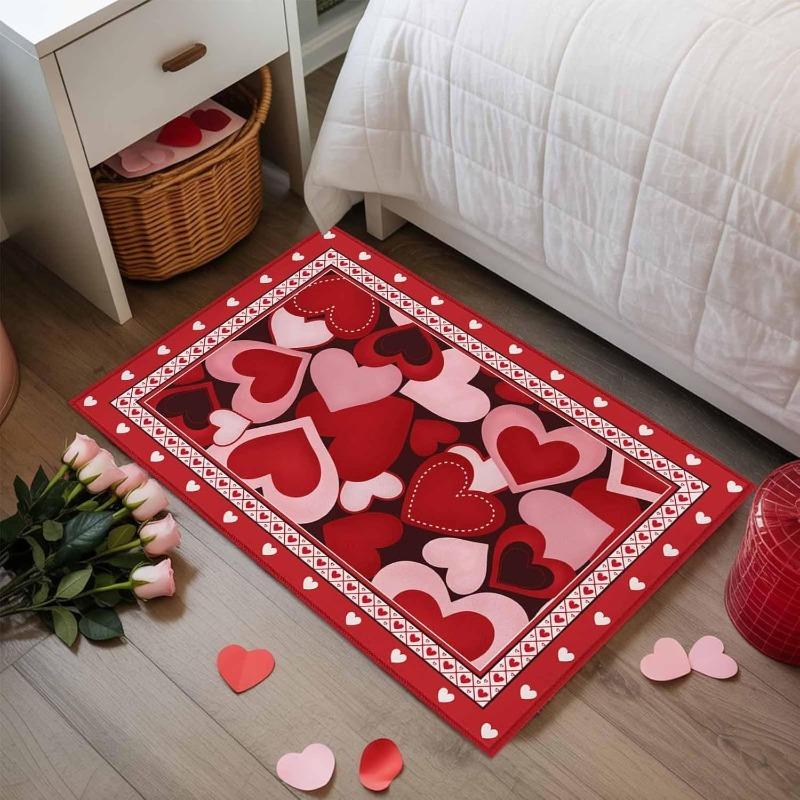 Pink Heart Door Mat Y2K Sweet Cute Plaid Heart Pattern Rug Non-slip Water Absorbent Home Decor Floor Mat for Valentine's Day
