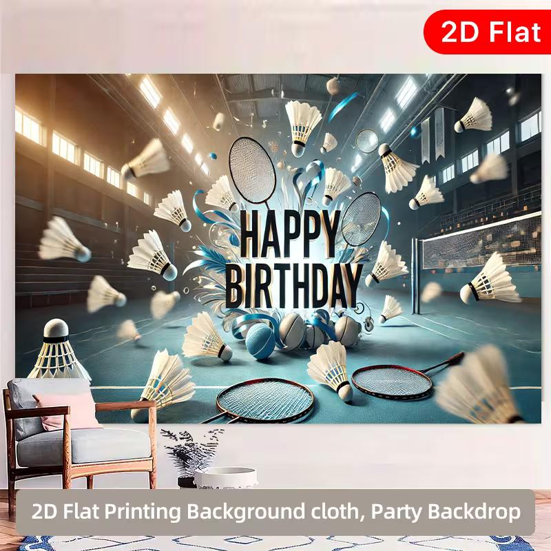 

2D Badminton Themed Happy Birthday Backdrop, Shuttlecock & Racket Photography Banner 47.2x31.5inch/120*80cm