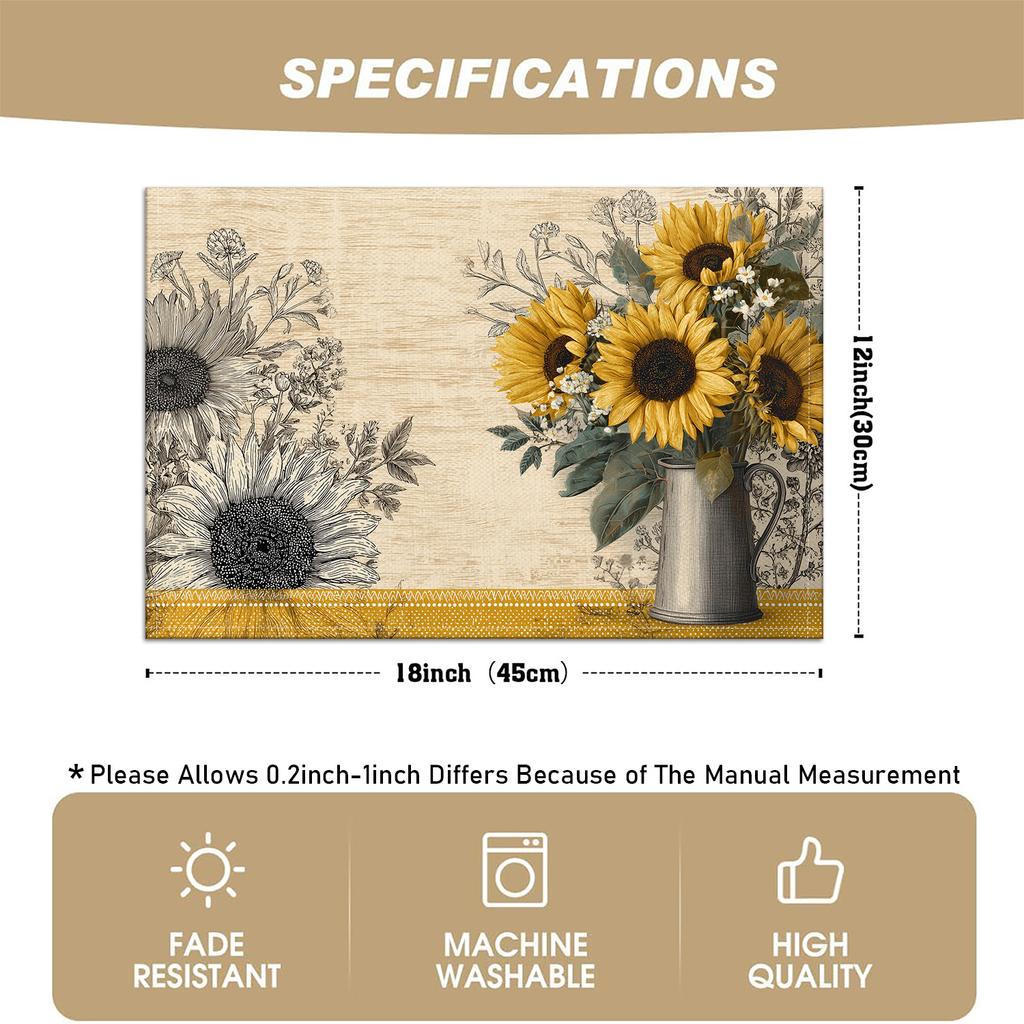 4/6pcs Sunflower Pattern Placemats, Vase and Floral Design, Suitable for Indoor/Outdoor Party Restaurant Decor, Kitchen Dining Table Decor, Holiday De