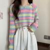 French Retro Designed Striped Knit Top Women's Spring Autumn Irregular Loose Short Long Sleeve Top