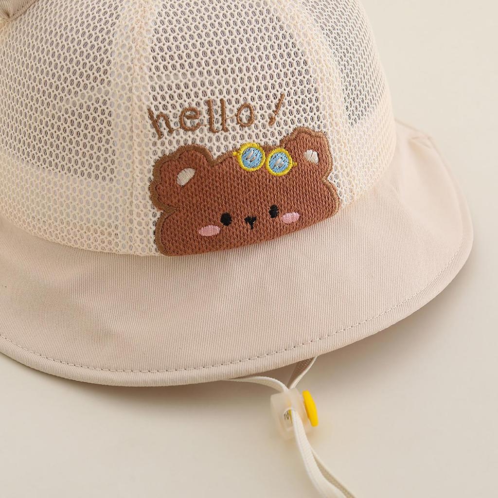 Cute Cartoon Bear Baby Bucket Hat Summer Mesh Breathable Baby Boys Girls Sunshade Cap Toddler Kids Lacing Panama Basin Cap