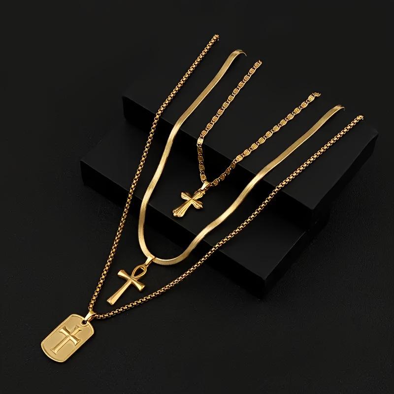 3PCS Adjustable Stainless Steel Cross Pendant Necklace for Men - Geometric Minimalist Chain with Gold Plating, Unisex Everyday Jewelry