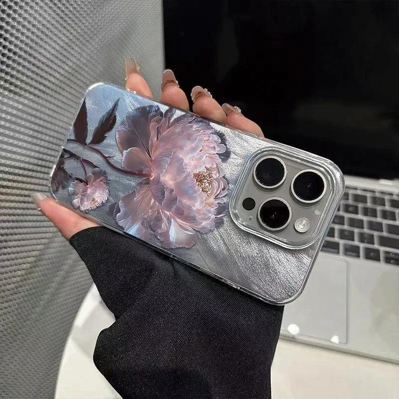 Pink Peony Lotus Print Phone Case for IPhone 16 15 14 13 12 11 Pro Max 15 Pro XS XR 7 8 Plus 16e Shockproof Silver Plated Cover