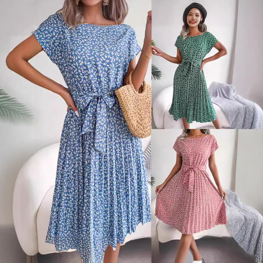 Instagram-style Real Photos of Spring and Summer Casual Short-sleeved, Floral, Large-swing Pleated Skirt Women's Clothing