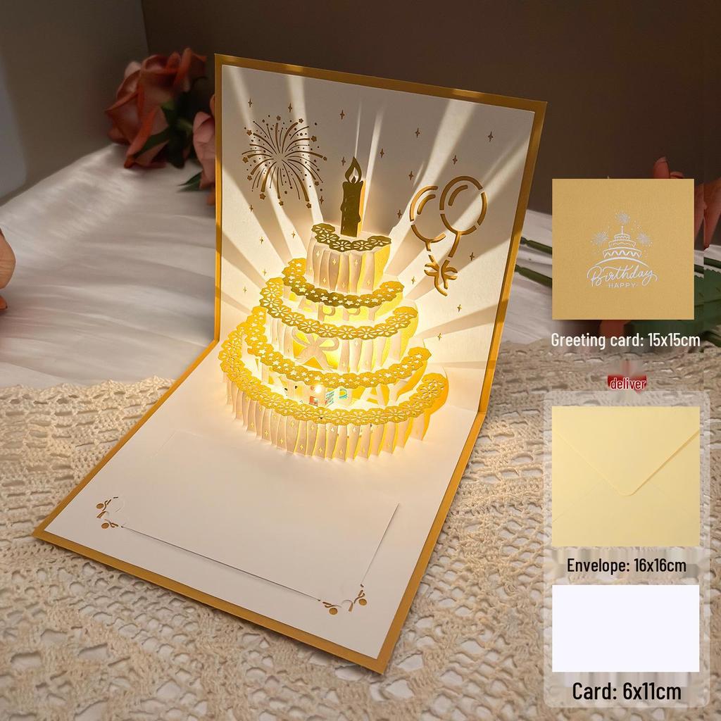 Dźwiękowa kartka urodzinowa 3D Pop-Up ze światłem do nagrywania - Wzór tortu na prezent dla chłopaka/dziewczyny