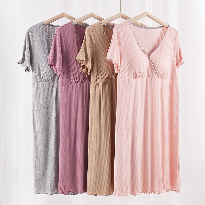 V-Neck Nursing Dress with Insertable Cups for Breastfeeding - Fashionable Postpartum Pajamas