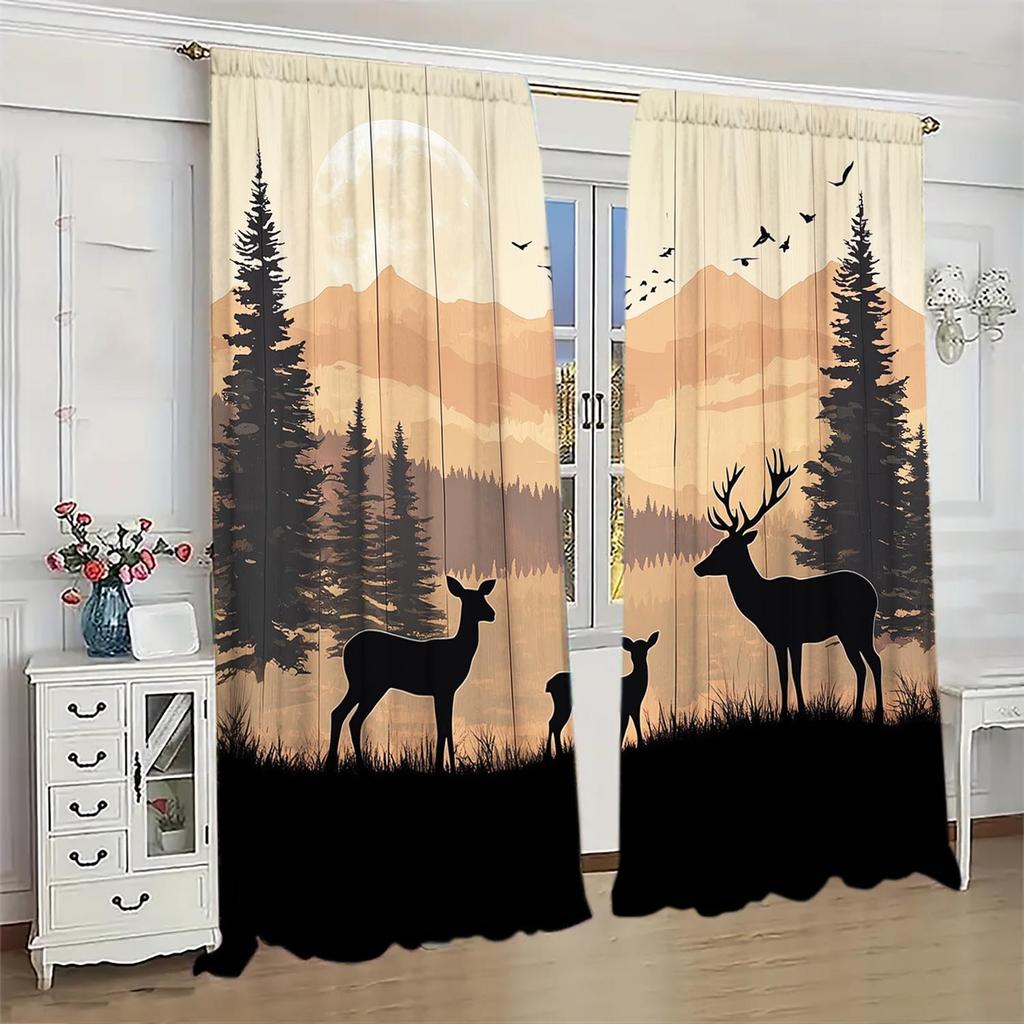 2pcs Nordic Elk Forest Silhouette Curtains Suitable for Family and Friends   Sunshade and Privacy Protection