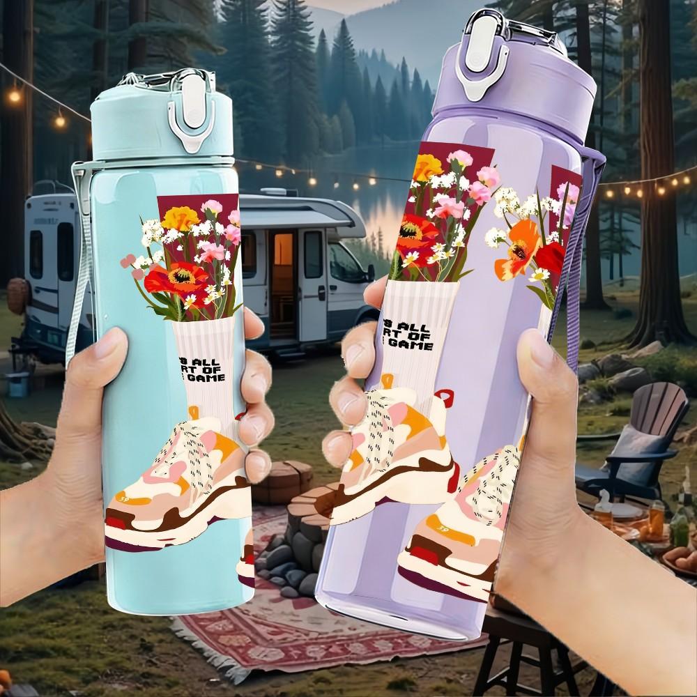 1PC Colorful Patterned Socks Retro Fun Art Print 750ml Color Plastic Sports Water Bottle Leakproof Flip Straw Lid Suitable for Sports Office Home Use