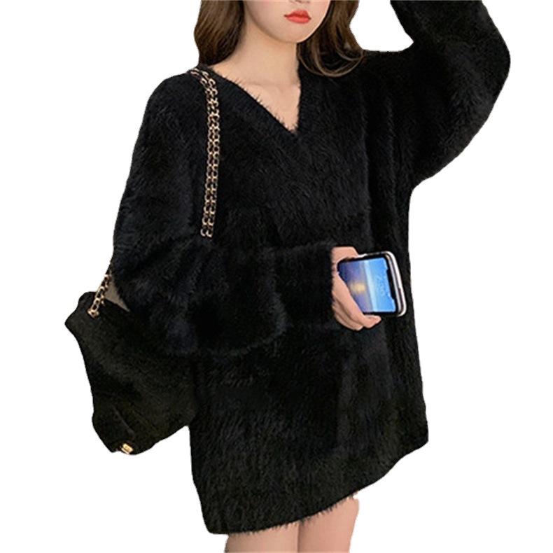 Women's Imitation Mink V-Neck Sweater - Spring & Autumn Korean Sweet Lazy Style, Soft & Plus Size Knitted Sweater