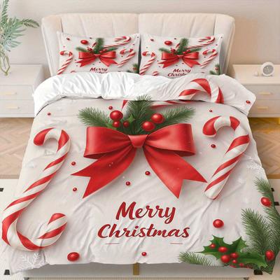3pcs Festive Christmas Duvet Cover Set - Red Bow, Candy Cane & Snowflake Design, Polyester, Machine Washable, Zipper Closure
