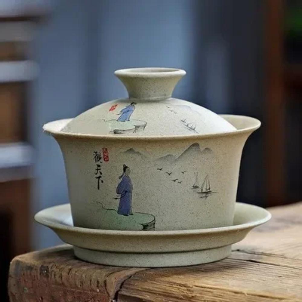 130ml Customized Coarse Pottery Gaiwan Antique Ceramic Tea Infuser Portable Beauty Tea Set Chinese with Lid Teacup Tea Bowl