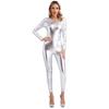 Womens Metallic Bodysuit Shiny Unitard Long Sleeve Round Neck Full Coverage Slim Fit Dance Performance Wear
