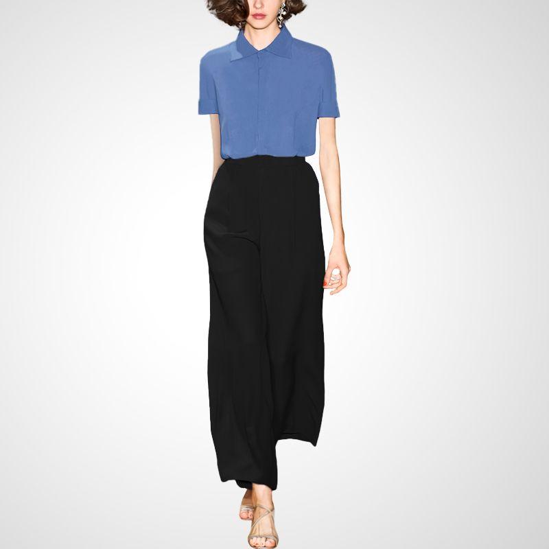 

Age-Reducing Draping Effect Summer Goddess Shirt Gray blue + black pants XL