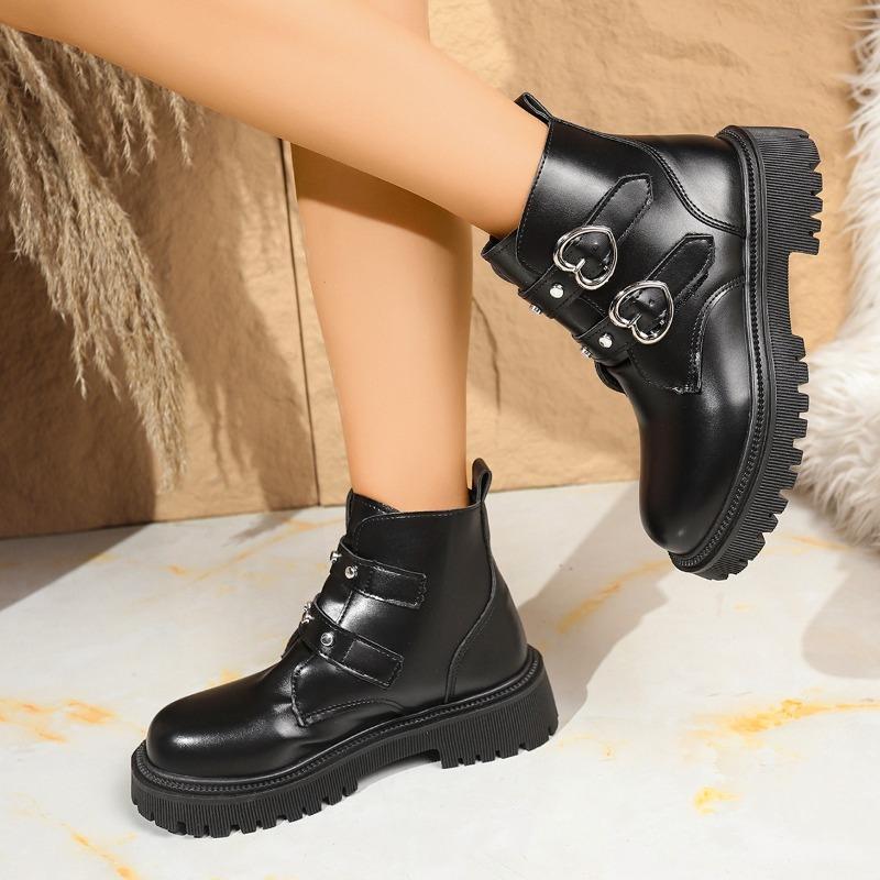 Fashion Platform Single Boots Autumn New Round Toe Metal Belt Buckle Soft Sole Anti-Slip Wear-Resistant Block Heel Booties