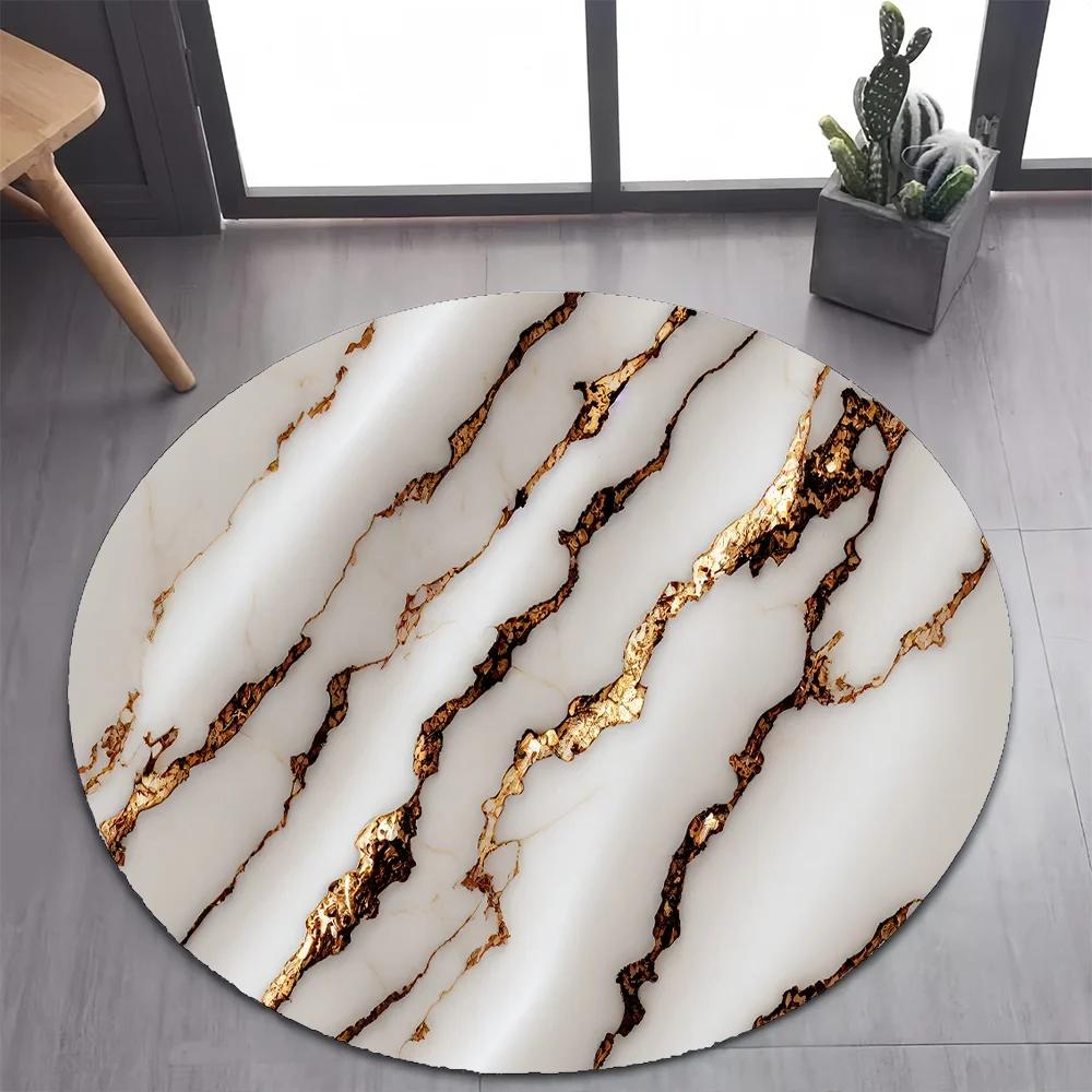White Gold Marble Round Area Rug –Elegant Carpet for Bedroom or Living Room – Non-Slip Floor Mat, Pet-Friendly Modern Home Decor