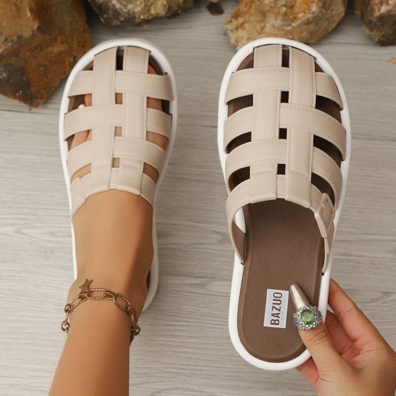 Fashion new Summer women's outdoor slippers Flat bottomed Baotou Muller Weaving design