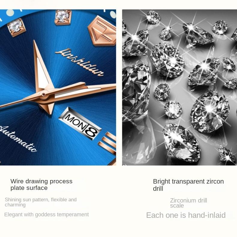 JINSHIDUN-merkeklokker Diamantbelagt romersk automatisk mekanisk klokke Vanntett dameklokke dameklokke