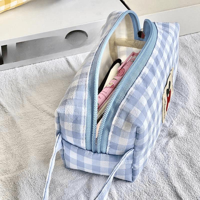 Checkboard Embroidery Pencil Bag Portable Stationery Bag High Capacity Kawaii Pens Women Girls Makeup Bags School Supplies